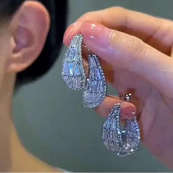 Double Edge Side Zircon Earrings, Dangle Wedding Anniversary Bridal - Picture 1 of 6